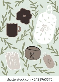 Patrones de leche botella, taza y hojas sobre fondo verde para el paquete de marca, impresión de tela, papel pintado, publicación en medios sociales, doodle, notas, portadas de libros, decoración de paredes.