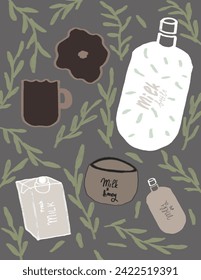 Milk patterns bottle,cup, and leaves on grey background for branding package, fabric print, wallpaper, social media post, doodle, notes, book covers, wall decor.
