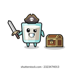 the milk pirate character holding sword beside a treasure box , cute style design for t shirt, sticker, logo element