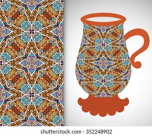 Milk pitcher with decorative ornament and vertical seamless pattern, hand drawn texture for fresh dairy products advertising campaign, invitations, cards design. Doodle style