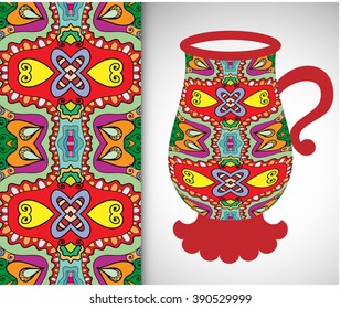 Milk pitcher with decorative ornament and vertical seamless pattern, hand drawn texture for fresh dairy products advertising campaign, invitations, cards design. Doodle style
