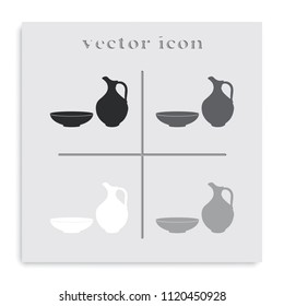 Milk pitcher flat black and white vector illustration. Simple jug and bowl icon.