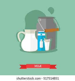 Milk in pitcher, glass, carton and can for milk. Healthy organic drinks concept vector illustration in flat style