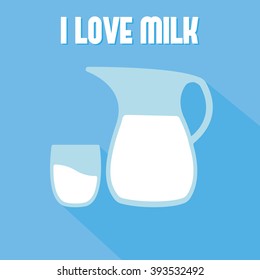 Milk in pitcher and glass. Flat icon milk