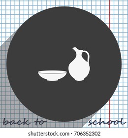 Milk pitcher illustration. Flat jug and bowl icon.