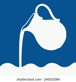 Milk pitcher logo in a blue and white. Milk pouring from a jug. Design template for label, banner, badge, logo. Vector illustration.