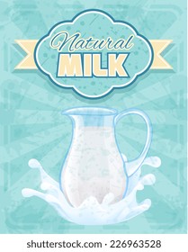 Milk pitcher retro poster with splashes on blue background vector illustration