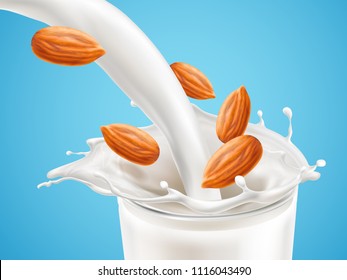 Milk plashing effect with liquid pouring down in glass cup with flying almond kernels isolated on blue background. Design element for advertising beverages. Vector 3d realistic illustration.