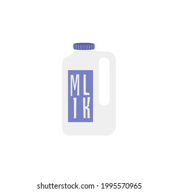 Milk in plastic package, container with blue cap. Icon for logo dairy products or design grocery store with healthy fresh farm food. Flat cartoon isolated vector illustration.