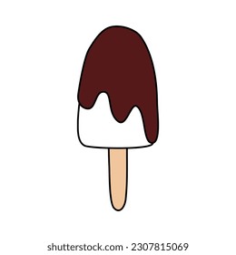 Milk popsicle ice cream bar with chocolate glaze on stick, flat vector