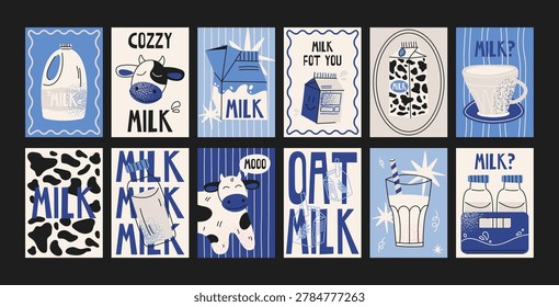 Milk poster collection in retro cartoon style. Dairy bottles, carton packs, latte glass, cute cows and milk typography cards. Farm breakfast prints, cozy dairy kitchen posters