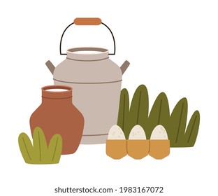 Milk Poured in Ceramic Jug and hurn and Eggs Vector Composition