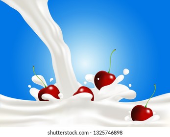 The milk is poured with cherries and milk spread. in 3D illustration for design