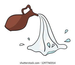 Milk is poured from a clay jug. Cartoon vector illustration