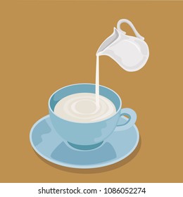 Milk poured down cup, jar. Vector illustration EPS10. 