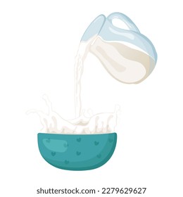 Milk is poured from a glass decanter into a bowl. Flat vector illustration.