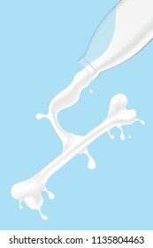Milk pouring Bone shape from glass bottle, World Milk Day concept 3D virtual design illustration isolated on blue background with copy space, vector eps 10