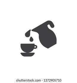 Milk pouring in to cup vector icon. filled flat sign for mobile concept and web design. Jug of milk and cup glyph icon. Symbol, logo illustration. Pixel perfect vector graphics