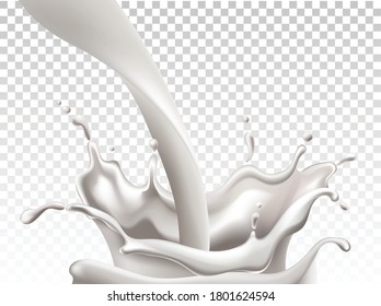 Milk pouring down and making big splashes. Realistic. Vector