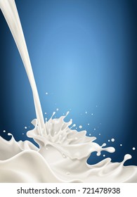 Milk pouring down from top, isolated on vertical blue background in 3d illustration