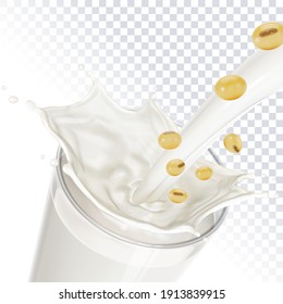 Milk pouring into glass cup and  drop of soy beans on isolated background