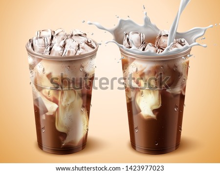 Milk pouring into iced coffee in 3d illustration