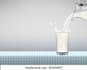 Milk pouring from jug in transparent glass with bottle standing on a table covered by blue checkered napkin in front of gray background, Healthy lifestyle vector concept illustration.