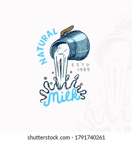 Milk is pouring from a jug. Vintage logo or label for shop. Badge for t-shirts. Hand Drawn engrave sketch. Vector illustration.