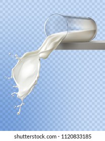 Milk pouring out from transparent glass to wavy milk splash vector realistic illustration isolated on transparent background