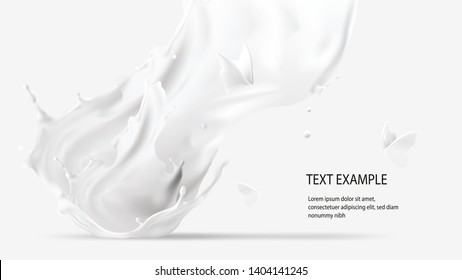 Milk pouring splash crown shape and white liquid silhouettes of flying butterflies isolated on background. Design element for advertising and packaging of natural dairy products or cosmetics