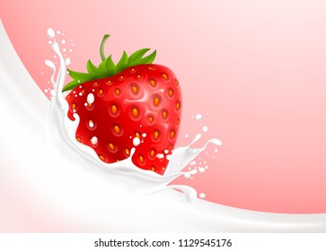 Milk pouring with splash like crown and strawberry against creamy pink background. Vector realistic illustration.