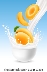 Milk pouring with splash like crown and apricot fruit whole and lobules fall in white ceramic bowl against blue background. Vector realistic illustration.