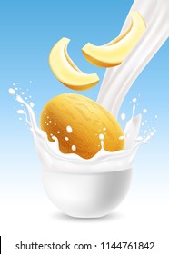 Milk pouring with splash like crown and melon fruit whole and lobules fall in white ceramic bowl against blue background. Vector realistic illustration.