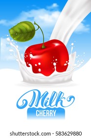 Milch, die mit splash wie Krone und Obstkirsche auf blauem Himmelshintergrund gießt. Vektorrealistische Illustration.