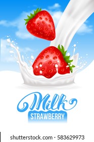 Milk pouring with splash like crown and strawberry against blue sky background. Vector realistic illustration.