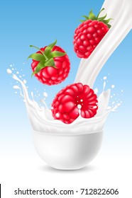 Milk pouring with splash like crown and raspberry in white ceramic bowl against blue background. Vector realistic illustration.