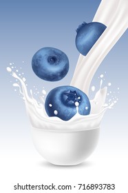 Milk pouring with splash like crown and blueberry in white ceramic bowl against blue background. Vector realistic illustration.