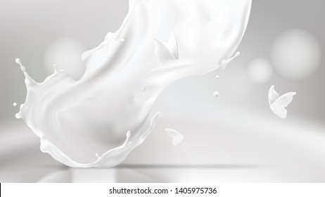 Milk pouring splash swirl shape and white liquid silhouettes of flying butterflies isolated on gray wavy background. Design element for advertising and packaging of natural dairy products or cosmetics