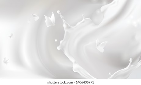 Milk pouring splash swirl shape and white liquid silhouettes of flying butterflies isolated on gray wavy background. Design element for advertising and packaging of natural dairy products or cosmetics