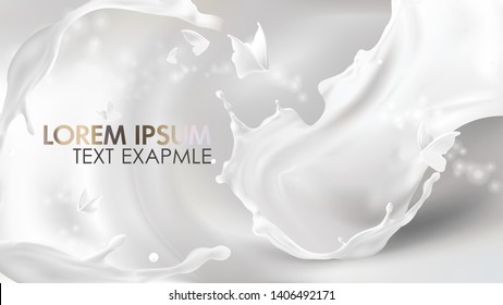 Milk pouring splash swirl shape and white liquid silhouettes of flying butterflies isolated on shining background. Design element for advertising and packaging of natural dairy products or cosmetics