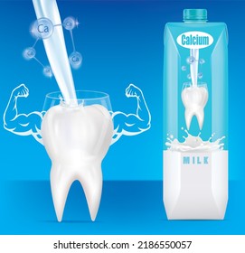 Milk pouring to the tooth and care concept.Calcium for teeth make teeth strong and have muscles.