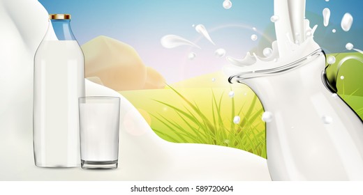 Milk pouring in transparent glass jug and full bottle with crockery on bright background realistic vector illustration for advertising and label production