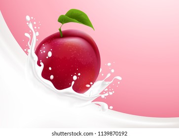 La leche se vierte con salpicaduras, como una corona, y la ciruela con un fondo cremoso. Ilustración vectorial realista.