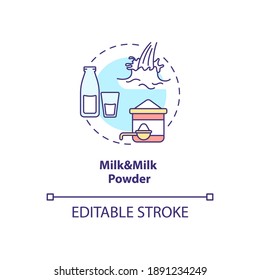 Milk and milk powder concept icon. Lactose liquid product. Nutrient instant formula. Dairy industry idea thin line illustration. Vector isolated outline RGB color drawing. Editable stroke