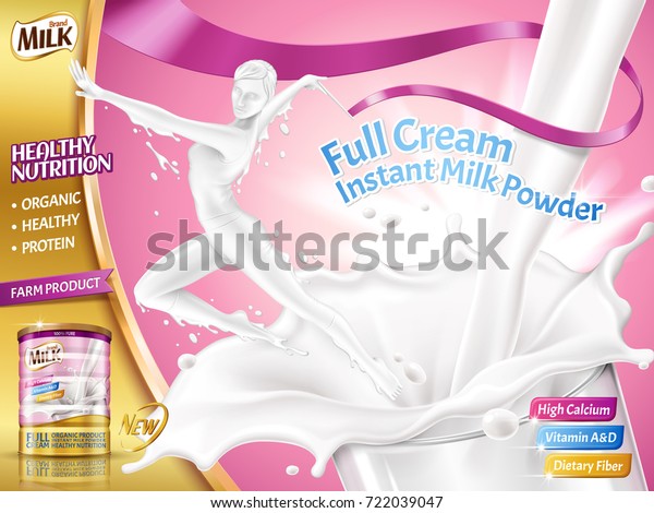 Milk powder for women ads with elegant woman
doing rhythmic gymnastics jump out of splashing liquid in 3d
illustration, pink
background