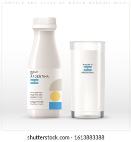 Milk Product of Argentina : Bottle and glass of world organic milk with geometrical pattern on the label isolated on white background : Vector Illustration