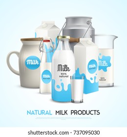 Milk product background with realistic images of branded milk packaging of different shape with editable text vector illustration