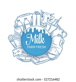 Milk product banner. Hand drawn milk vector icons set.