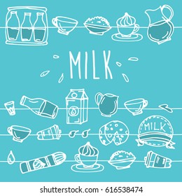 Milk product banner. Hand drawn milk set. Vector illustration.
