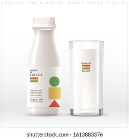 Milk Product of Bolivia : Bottle and glass of world organic milk with geometrical pattern on the label isolated on white background : Vector Illustration